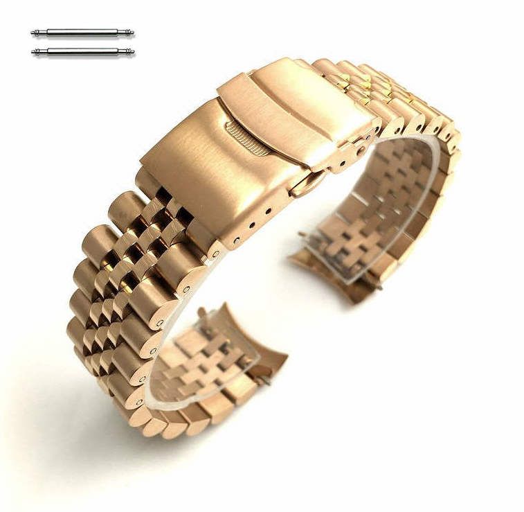 21mm Metal Jubilee Style Rose Gold Curved End Watch Band Double Lock Clasp #7004