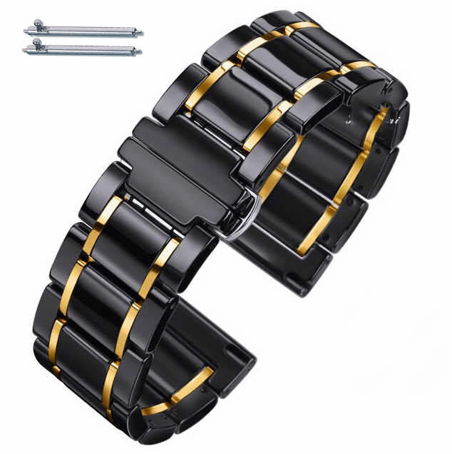 22mm Black & Gold Ceramic Watch Band Butterfly Clasp Quick Release Strap #8002