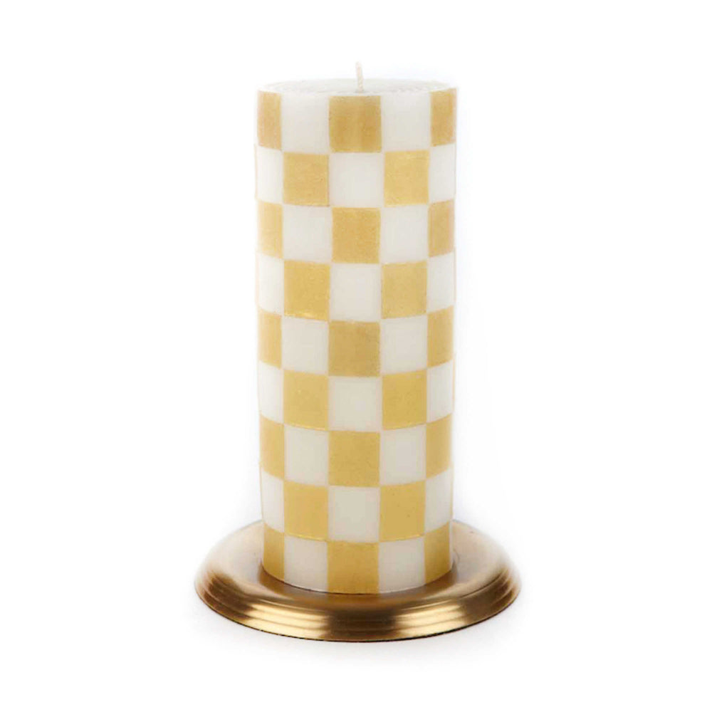 MacKenzie-Childs Check Pillar Candle - 6" - Gold & Ivory