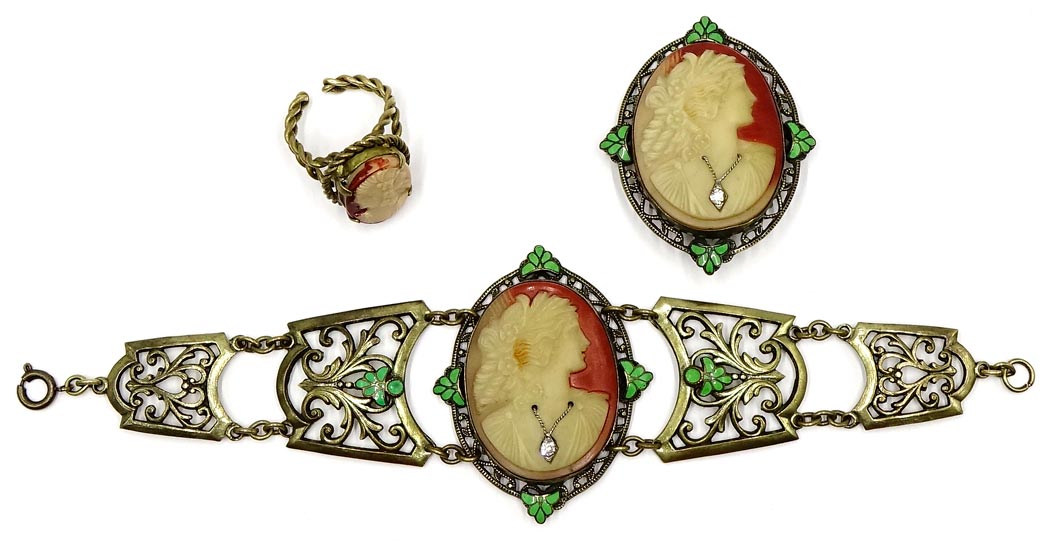 Vintage Czech Cameo Habille Bracelet Pin And Ring Set