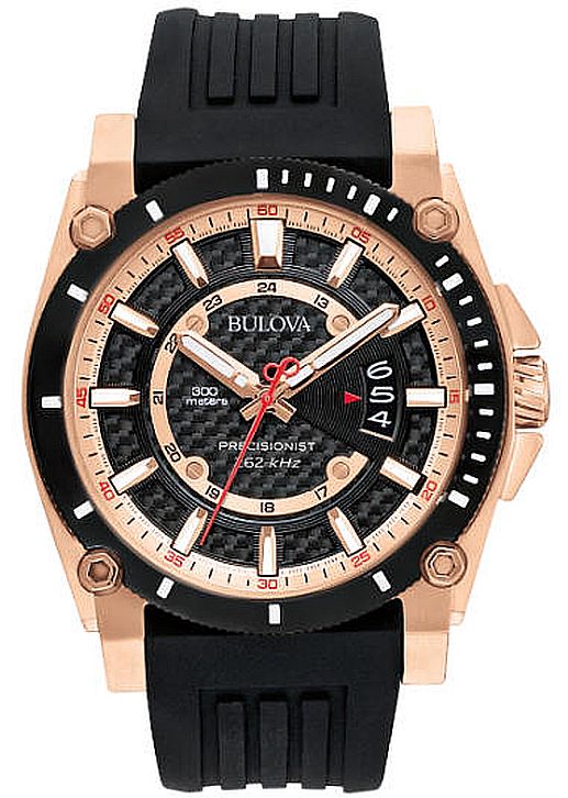 Men's Bulova Precisionist Rose Gold Diver's 300M WR Steel Watch 98B152