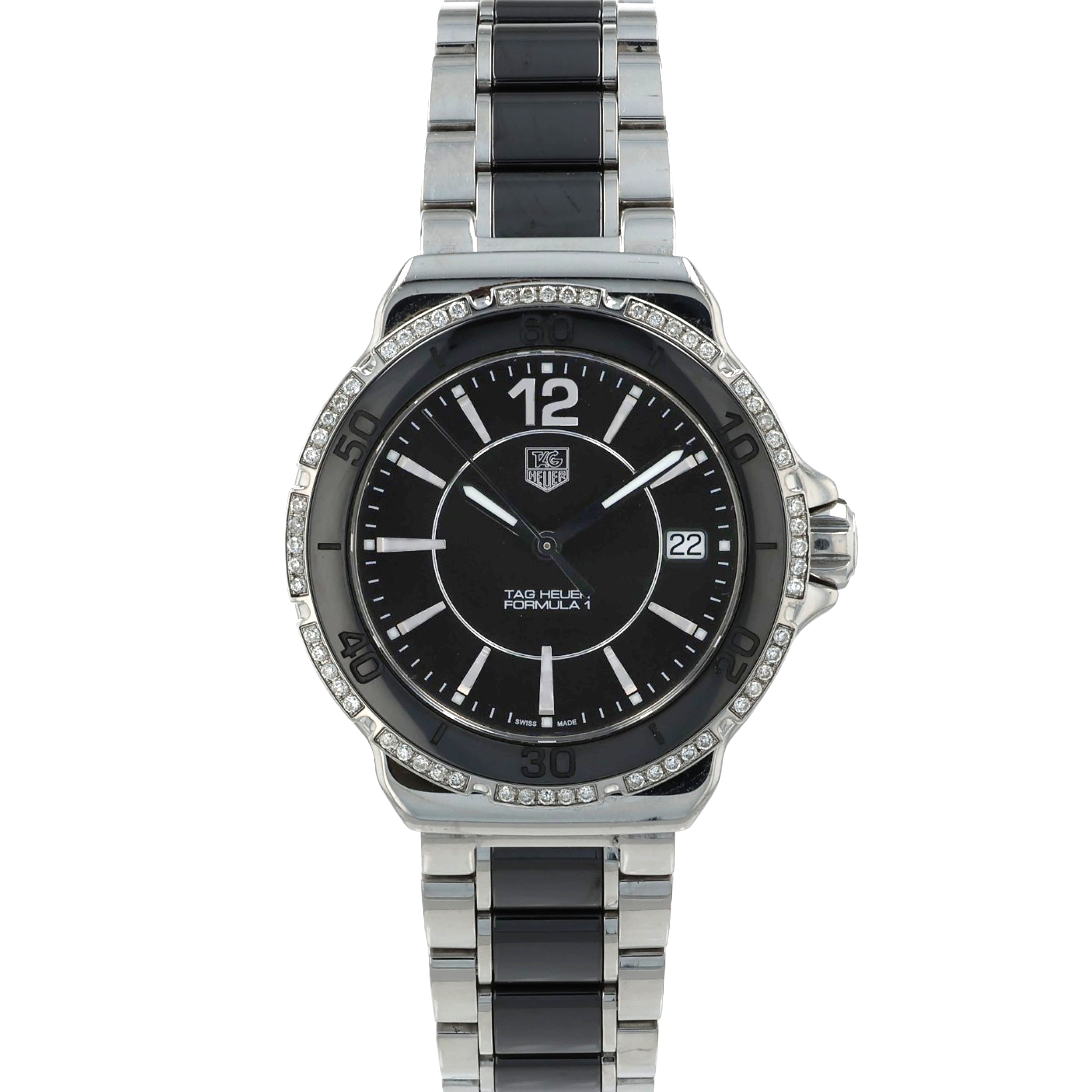 Estate Tag Heuer Stainless Steel Ladies' Formula 1 Black Dial Black Ceramic Diamond Bezel Quartz WAH1212