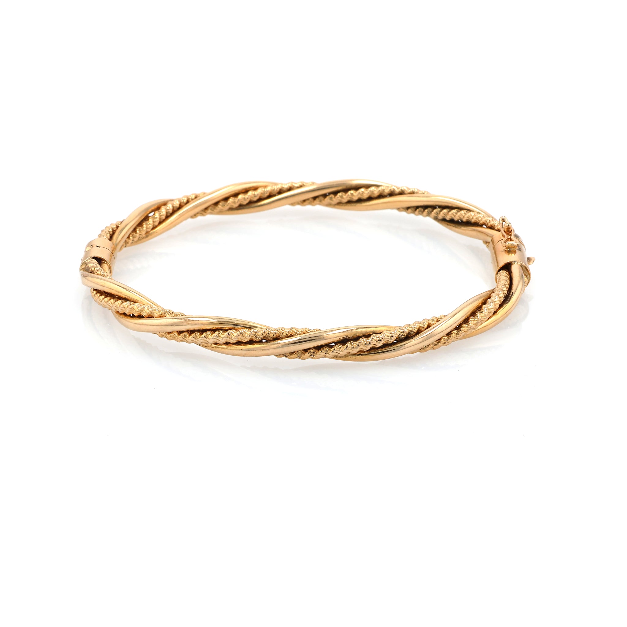 Estate 14 Karat Yellow Gold Intertwined Polished and Rope Tube Design Bangle Bracelet