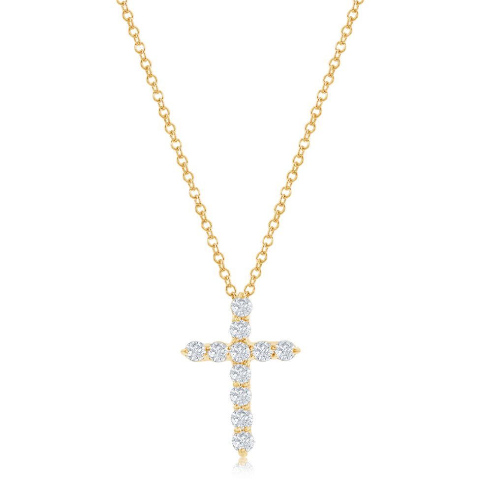 14k Gold Diamond Cross Pendant Shared Prong