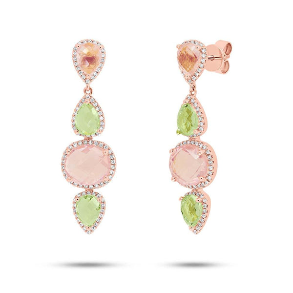0.39CT DIAMOND & 6.45CT ROSE QUARTZ & GREEN AMETHYST EARRING
