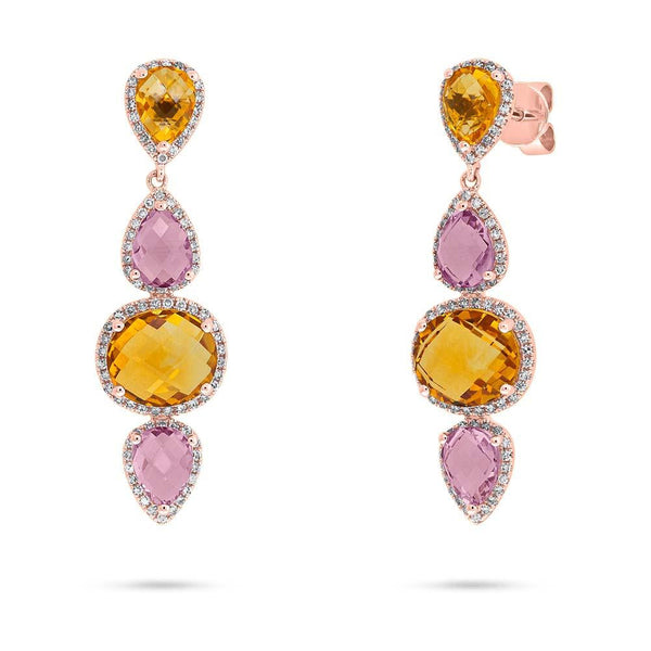 0.39CT DIAMOND & 6.40CT CITRINE & PINK AMETHYST EARRING