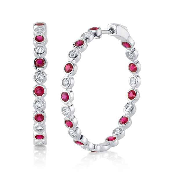 0.78CT DIAMOND & 1.62CT RUBY BEZEL HOOP EARRING