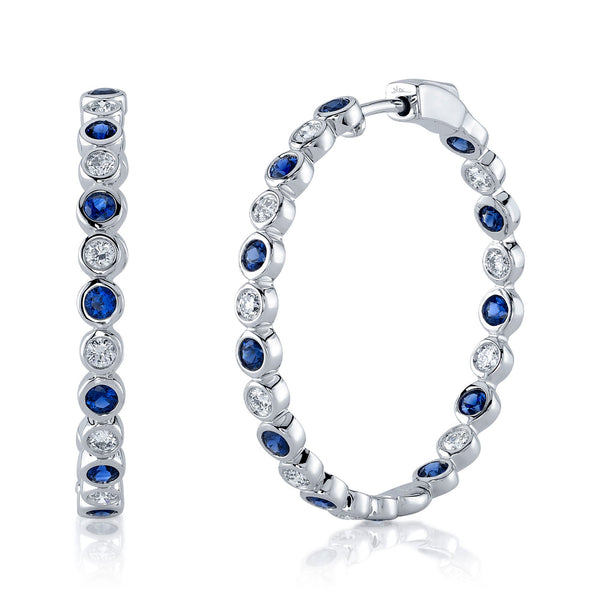 0.78CT DIAMOND & 1.45CT BLUE SAPPHIRE BEZEL HOOP EARRING