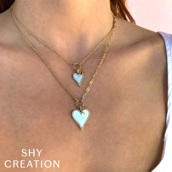 Shy Creation 0.20Ct Diamond & 2.07Ct Mother Of Pearl Heart Paper Clip Link Necklace SC55023860V2