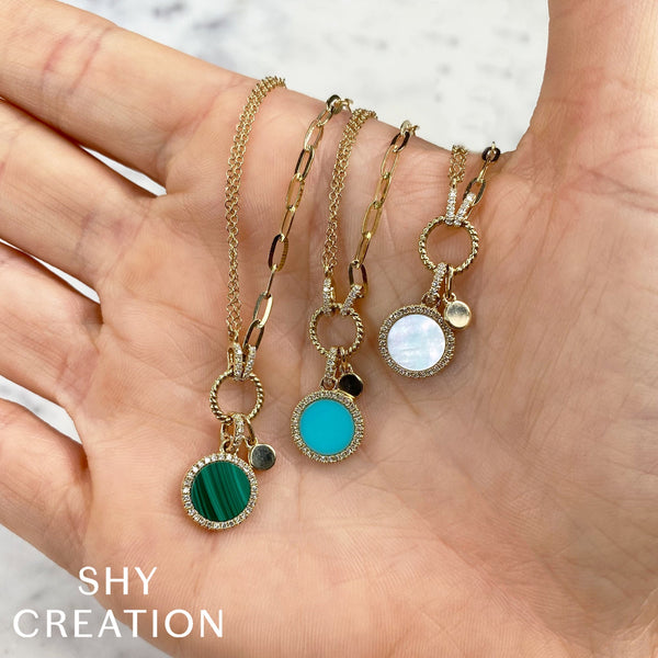 Shy Creation 0.13Ct Diamond & 0.70Ct Composite Turquoise Circle Paper Clip Link Necklace SC55024104