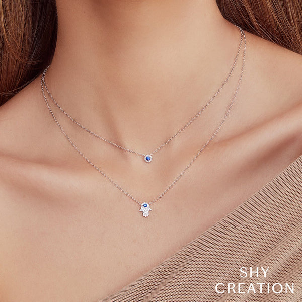 Shy Creation 0.09Ct Diamond & 0.08Ct Blue Sapphire Hamsa Necklace SC55005244