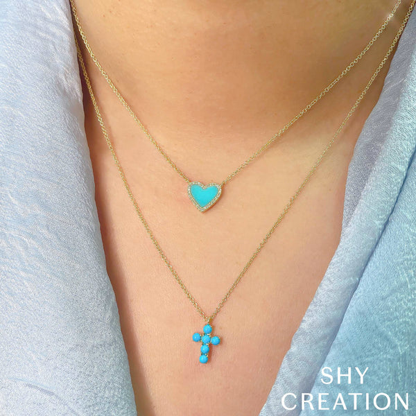 Shy Creation 0.09Ct Diamond & 0.55Ct Composite Turquoise Heart Necklace SC55012619