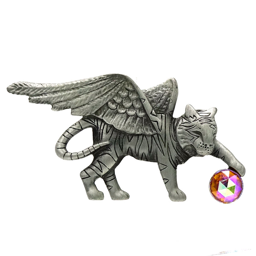 Vintage Pewter Flying Tiger With Crystal Ball Pin By AJC
