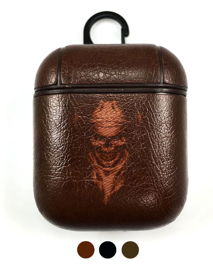 Apple AirPods 1 2 Pro Charging Case Leather Cover Skull With Cowboy Hat #0014