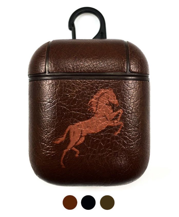 Apple AirPods 1 2 Pro Charging Case Leather Cover Stallion Horse Leaping Jumping