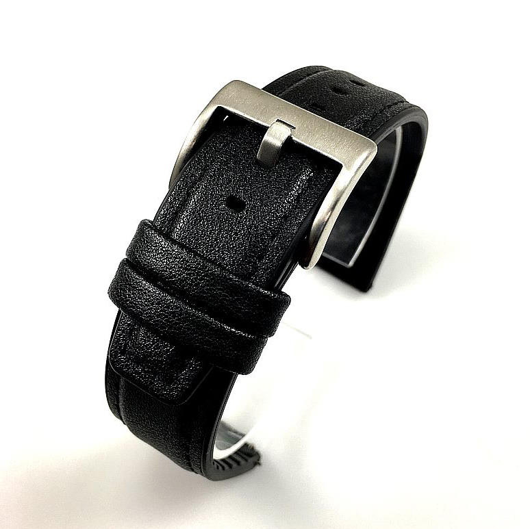 Black 22mm Leather Watch Strap Quick Release Band With Silver Steel Buckle #1511