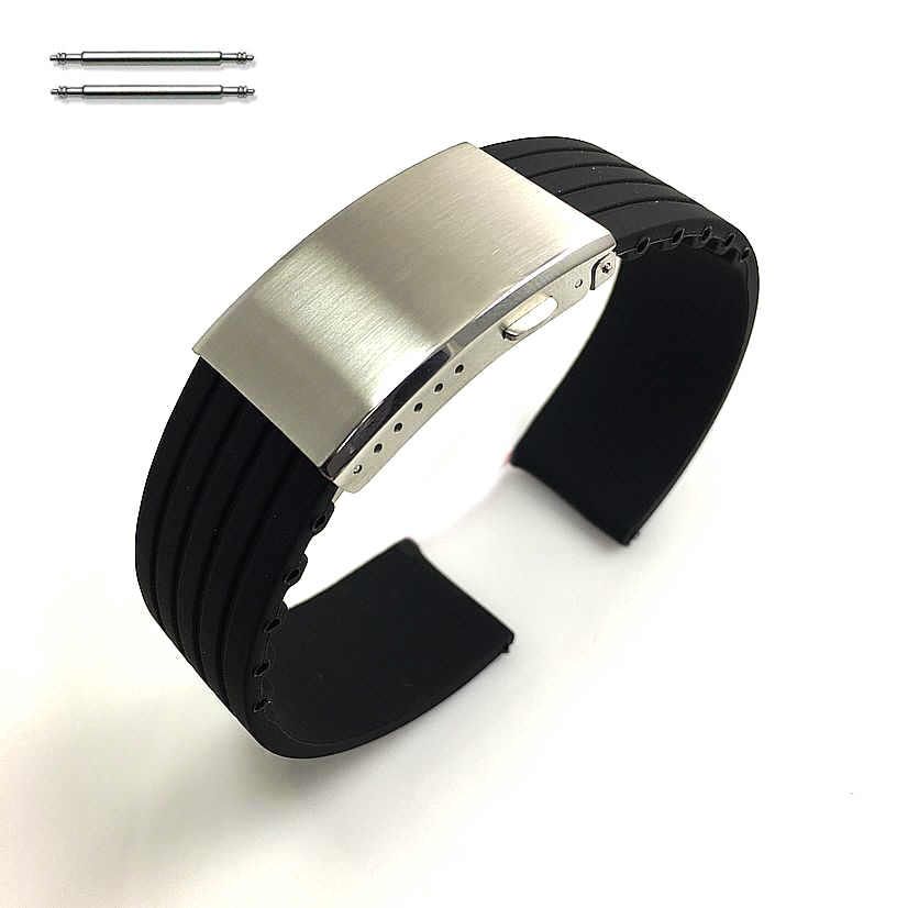 Black 22mm Silicone Rubber Strap Watch Band High Quality Steel Clasp #4451