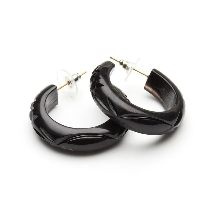 Black Heavy Carved Hoop Earrings By Splendette