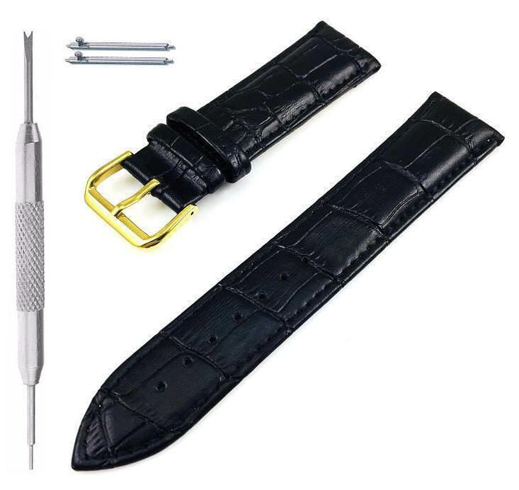 Black Croco Leather Watch Band Gold Buckle #1081-19