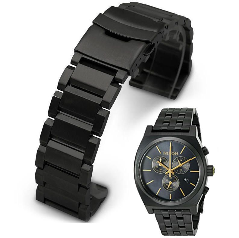 Black Metal Steel Replacement Watch Band Fits Nixon Time Teller Chrono 39mm 5002