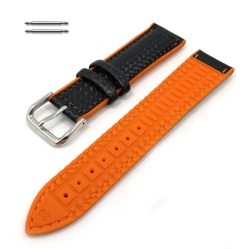 Black & Orange Carbon Fiber Leather 24mm Replacement Watch Band Strap #1502