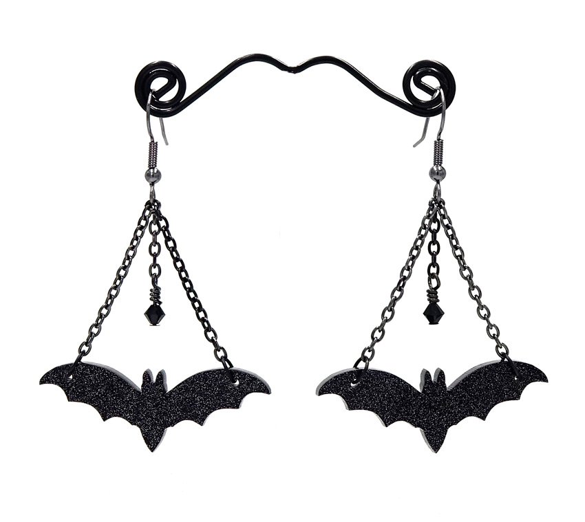Black Glitter Dark As Night Bat Earrings