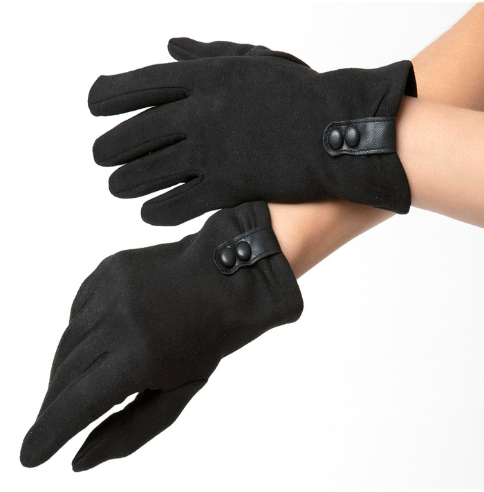 Black Suede With Buttons Wrist Gloves By Unique Vintage