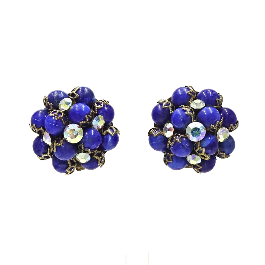 Vintage Blue Beaded Cluster Rhinestone Earrings