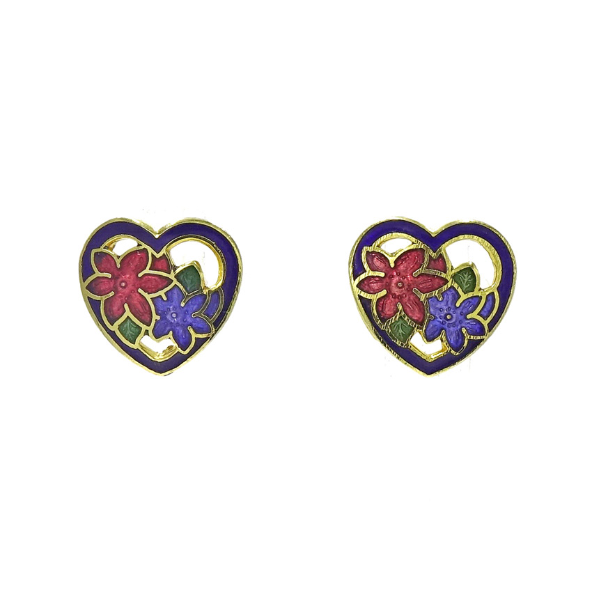 Vintage Cloisonne Style Enameled Heart Flower Earrings 1970's - 1980's