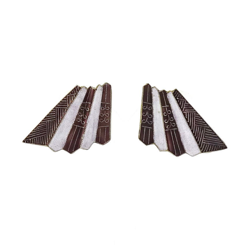 Vintage Sterling Maroon Lavender Enameled Fan Chinese Earrings 1970's - 1980's