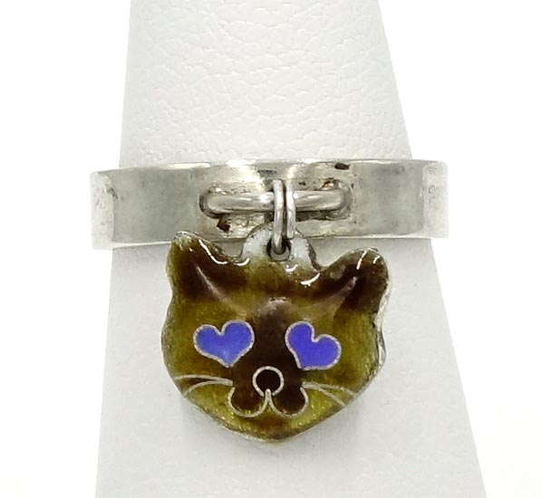 Sterling Ring With Dangling Enameled Cat Face Charm