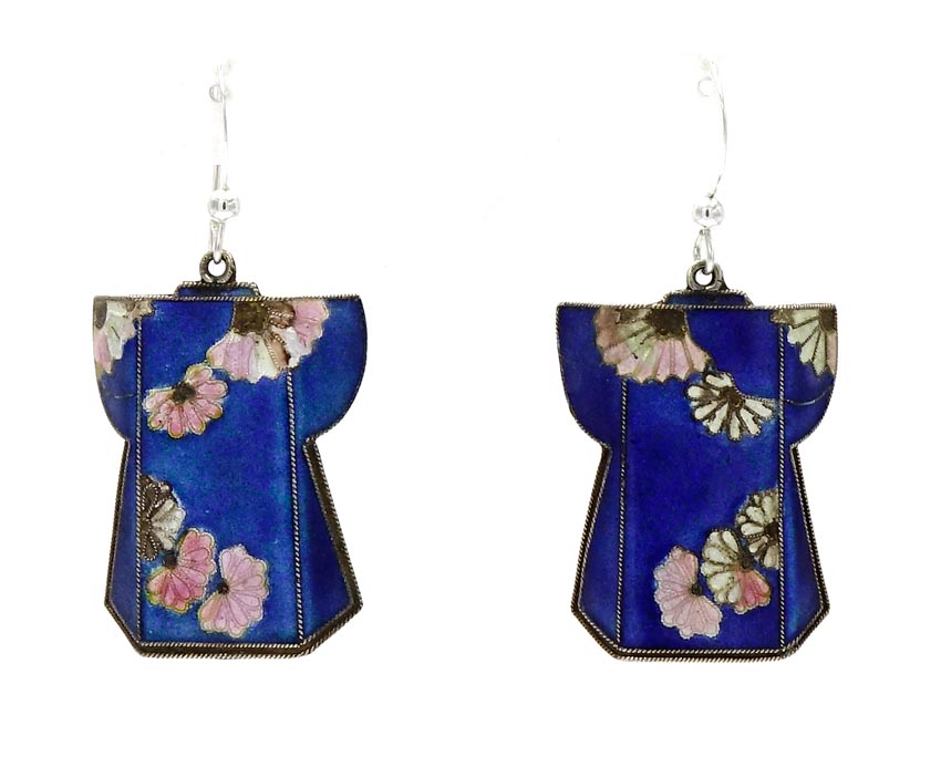 Sterling Enamel Blue Kimono Robe Chinese Earrings 1970s