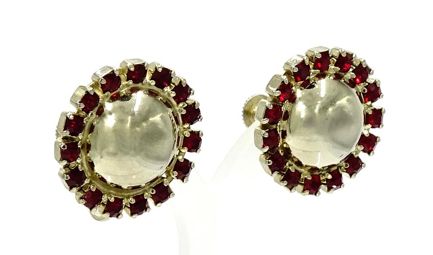 Vintage Coro Gold Domed Center Siam Red Rhinestone Earrings