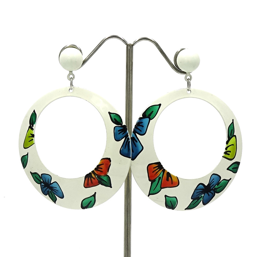 Vintage Handpainted Flower White Metal Hoop Earrings NOC