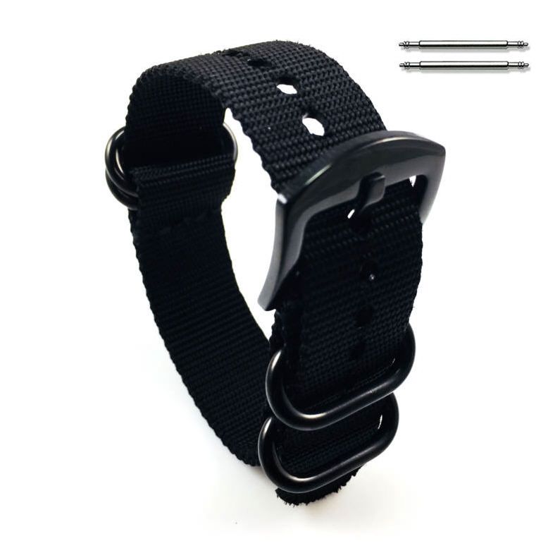 ESQ Compatible Black One Piece Slip Through Nylon Watch Band Army Military Black Buckle #6022