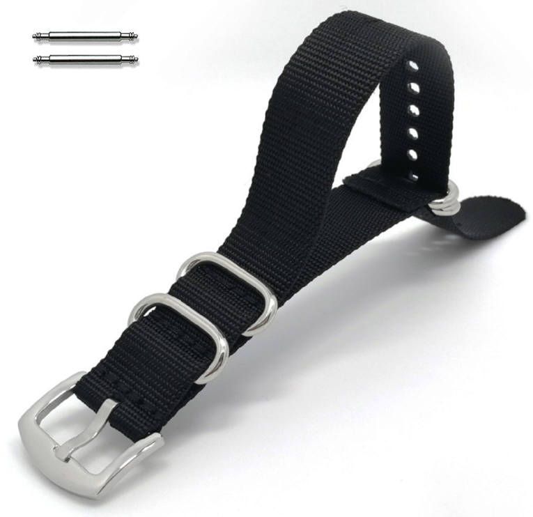 ESQ Compatible Black One Piece Slip Through Nylon Watch Band Army Military Silver Buckle #6021