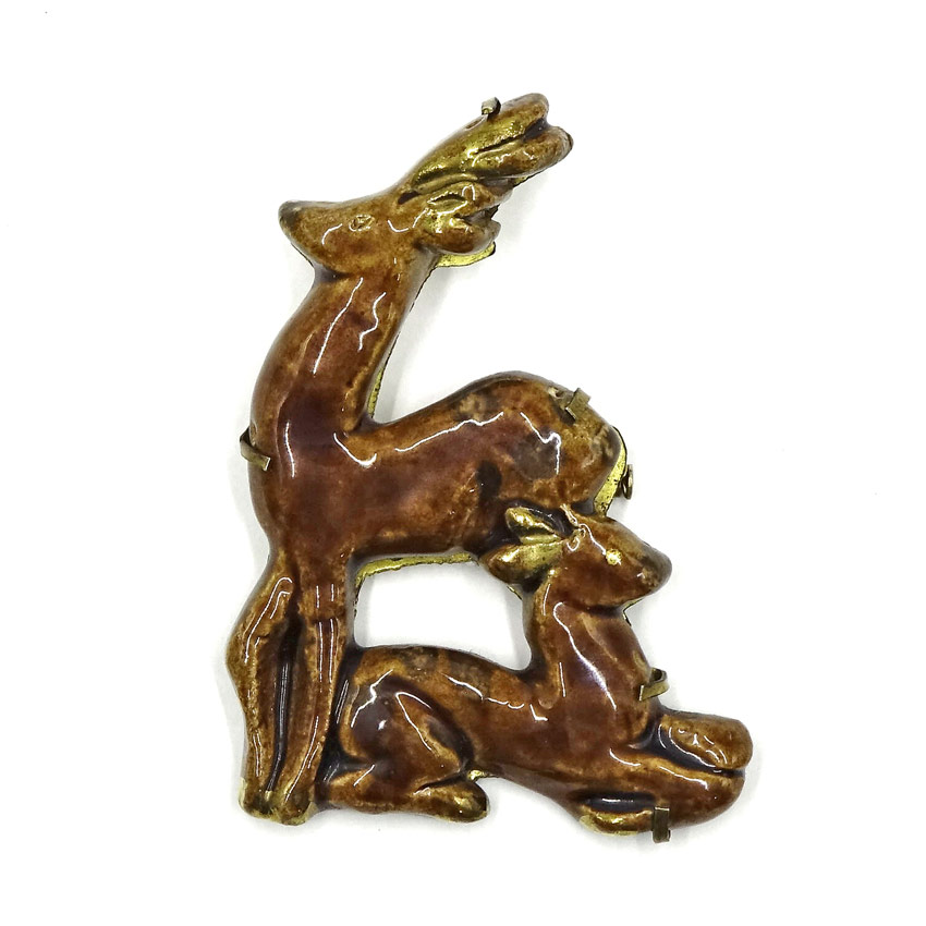 Vintage French Stag And Doe Couple Brooch Ceramic 1930's -1940's