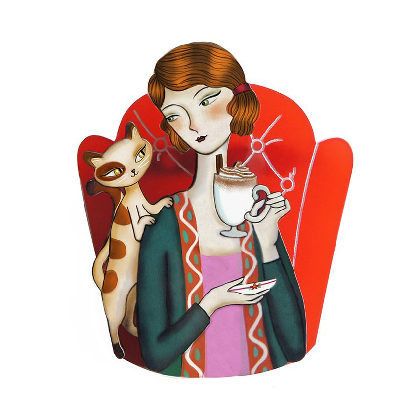 Girl With Cocoa Or Coffee And A Cat Brooch By Laliblue