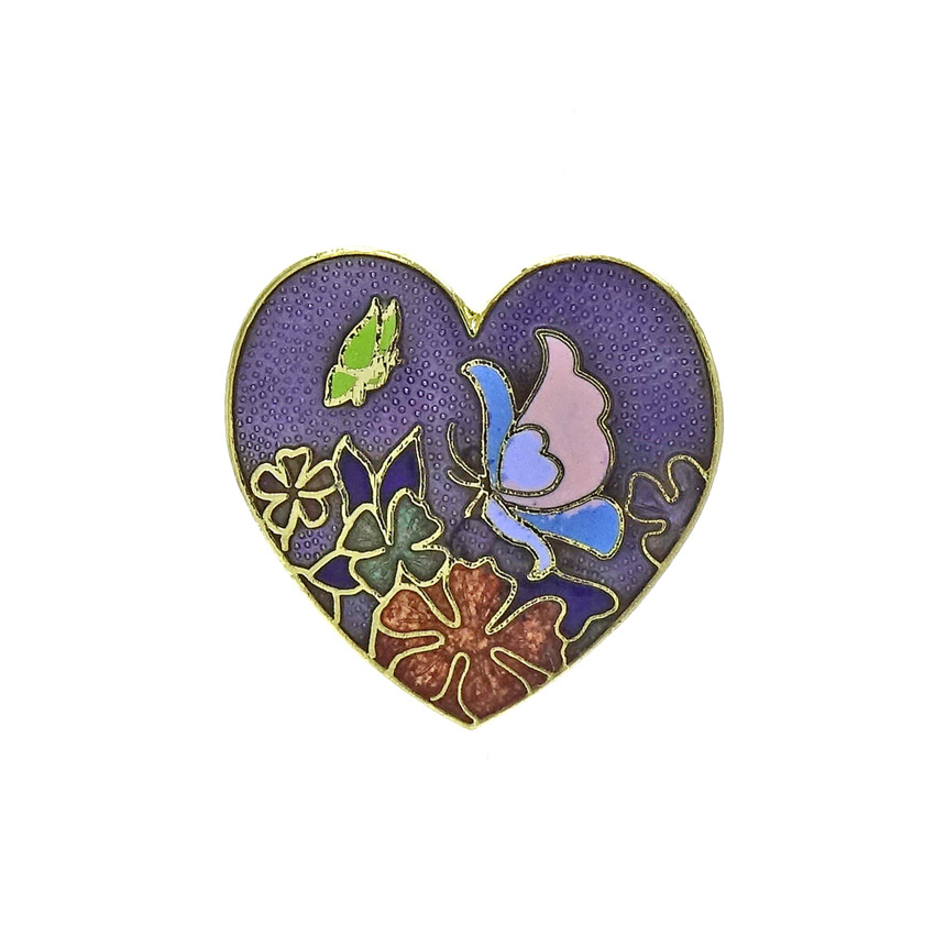 Vintage Heart Shaped Butterfly And Flowers Enameled Pin