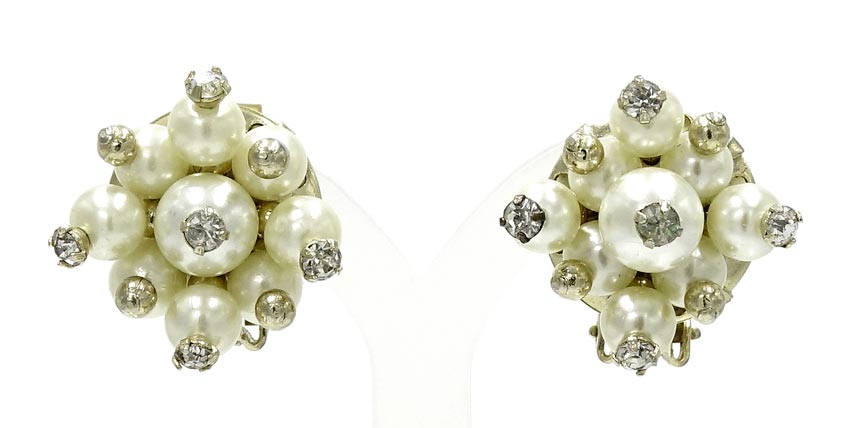 Vintage Hobe Gold Rhinestone Pearl Beaded Cluster Earrings