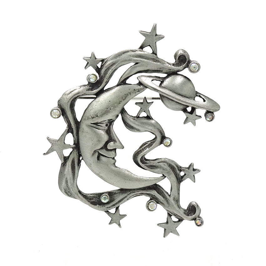 Vintage Pewter Celestial Man In The Moon Pin By JJ