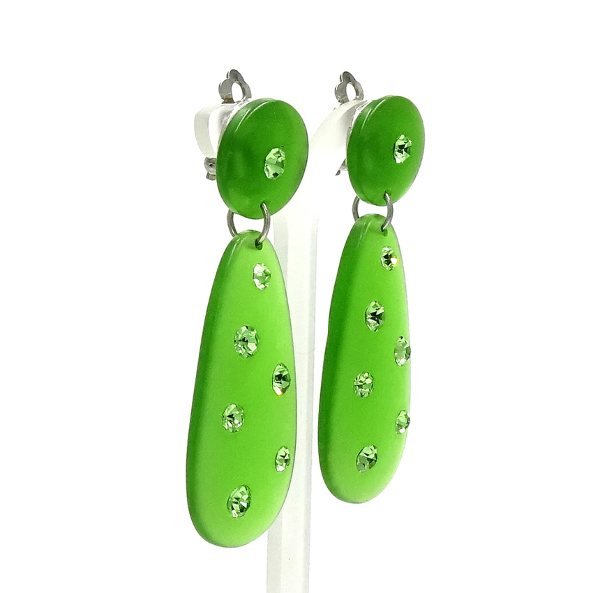 Vintage Frosted Green Acrylic And Rhinestone Drop Earrings