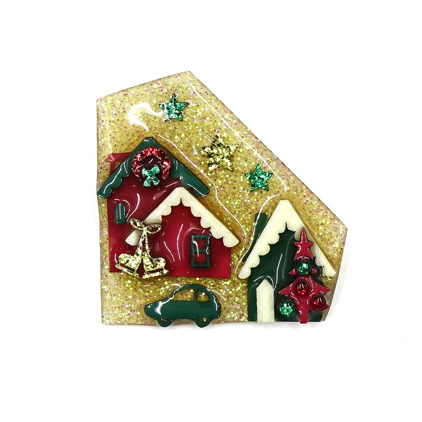 Lucinda Christmas House Pin Gold Glitter Ice Skates Car Wreath And Decorated Tree