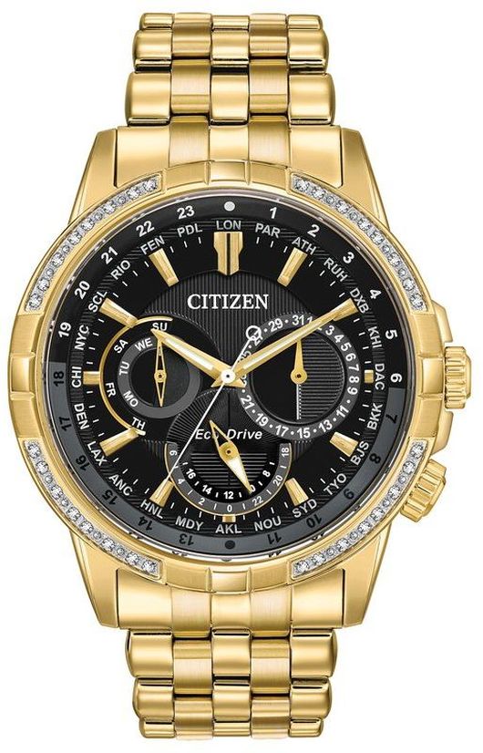 Men's Citizen Eco-Drive Calendrier Gold Tone Diamond Watch BU2082-56E