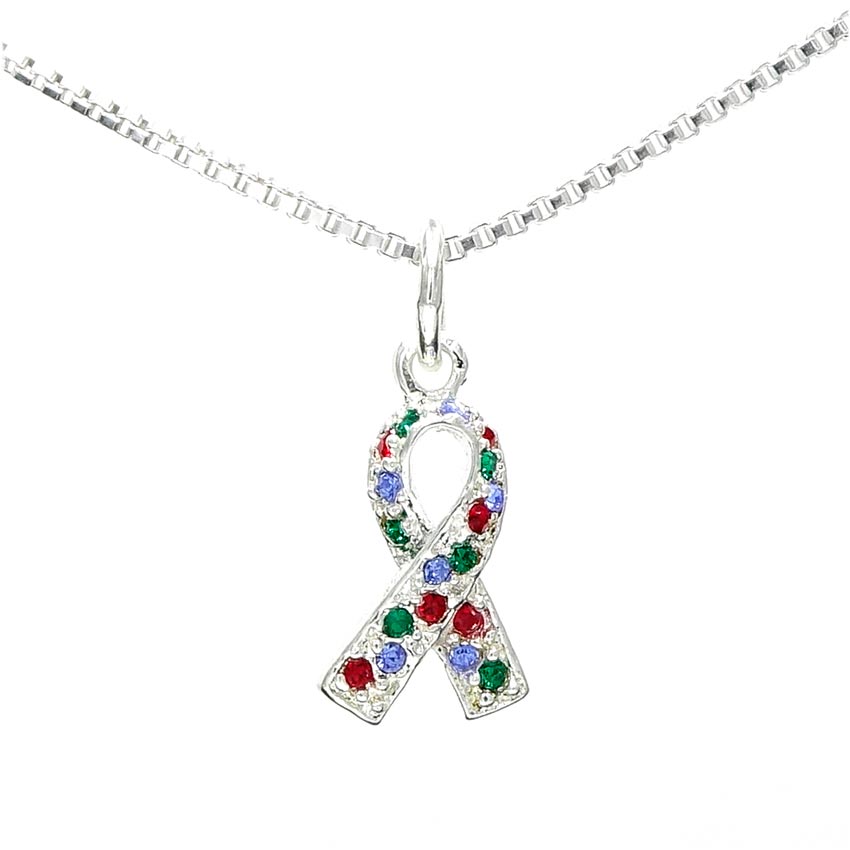 Sterling Multi Colored CZ Awareness Ribbon Necklace