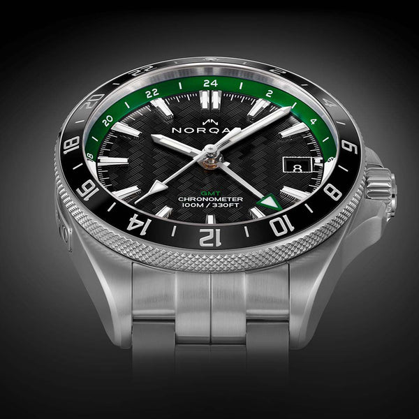 NORQAIN Adventure NEVEREST GMT Black Dial Green and White Ring Stainless Steel Automatic Watch 41mm - NN1100SC1CG/BE111/150SSG