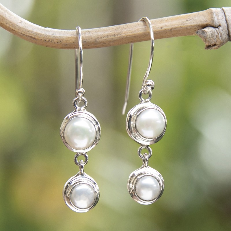 Pearl Sterling Silver Dangle Earrings, "Two Full Moons"