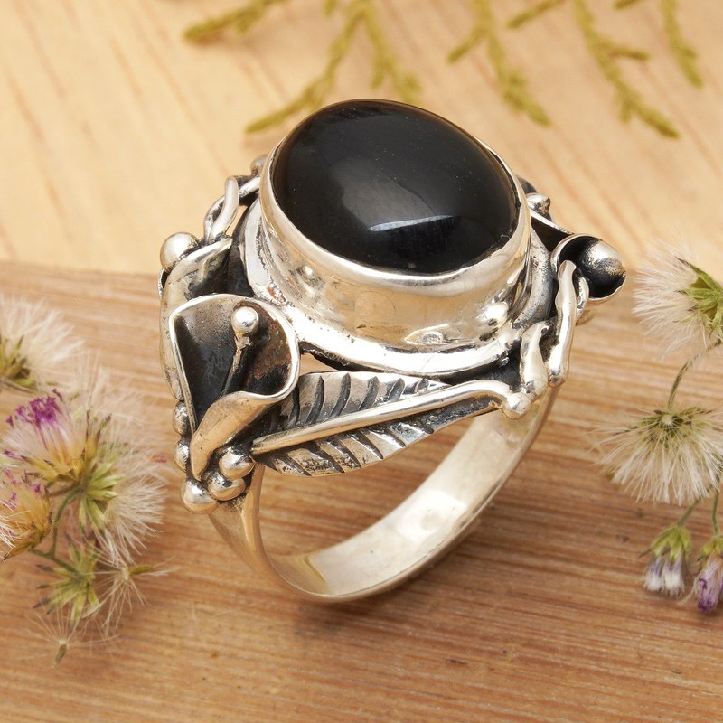 Women's Floral Sterling Silver and Onyx Cocktail Ring, "Nest of Lilies"