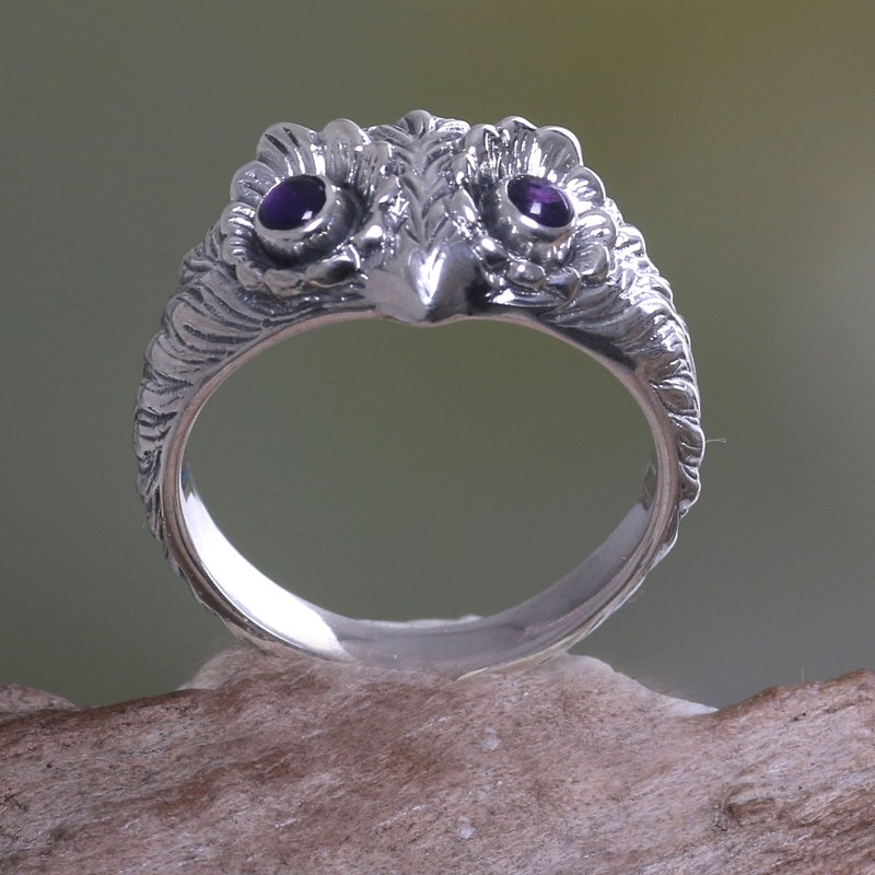 Amethyst and Silver Bird Ring, "Owl Wisdom"