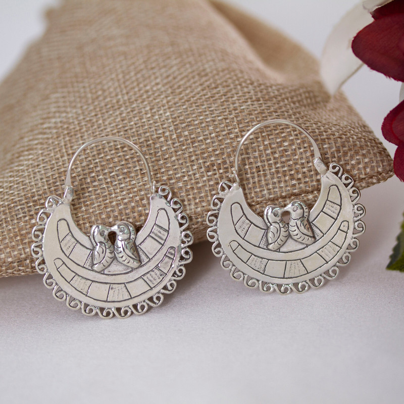 Unique Sterling Silver Hoop Bird Earrings, "Birds In Love"